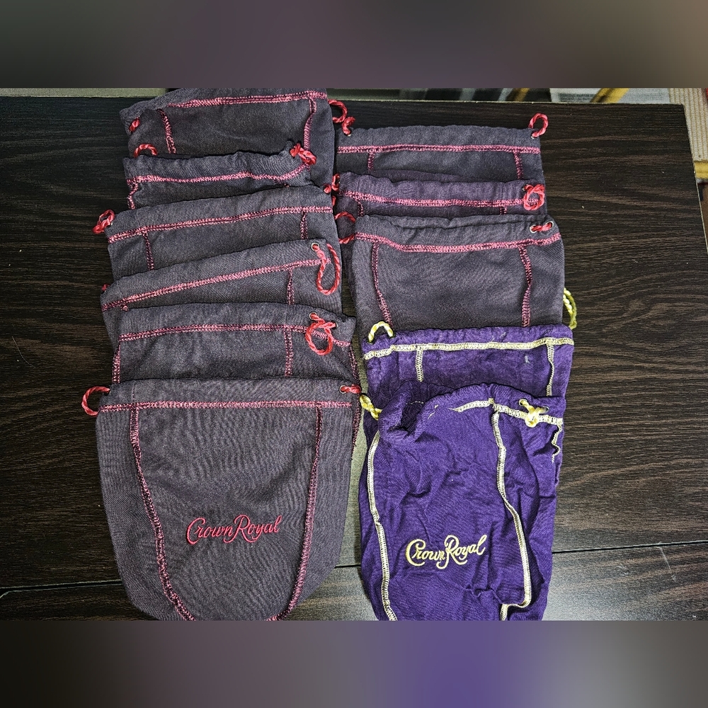 Lot of 10 Crown Royal Drawstring Bags – 8 Black w/Red Stitching & 2 Purple